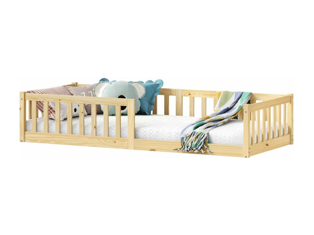 Lit enfant Decoinspi lit au sol 90*190 cm d'inspiration Montessori, avec barrières de protection, en pin massif naturel