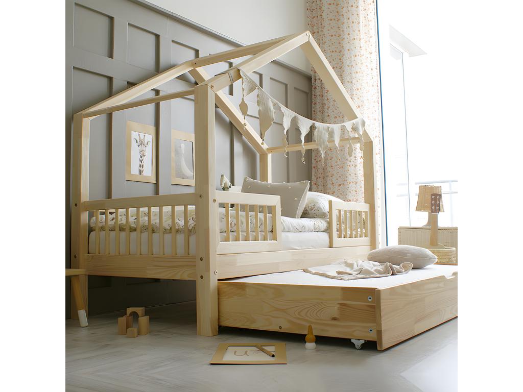 Lit cabane 90x190 barrières sommier et tiroir inclus Mobiliazen Bois