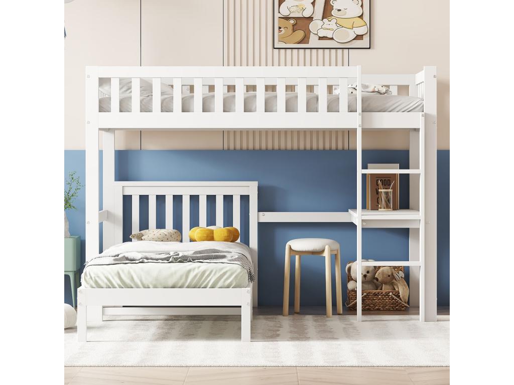 Lit superposé pour enfants avec échelle à trois marches, design de la barrière de sécurité, bureau, blanc, 90*200 cm