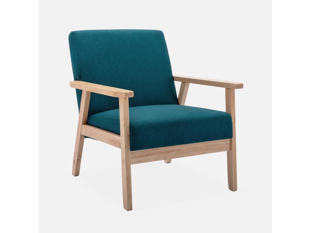 Fauteuil scandinave en bois et tissu bleu pétrole- Maisonchaleur- L 64 x P 69.5 x H 73cm