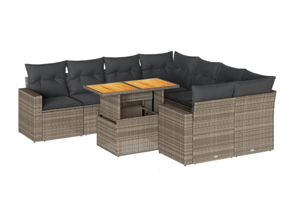 Salon de jardin 9 pcs avec coussins gris résine tressée