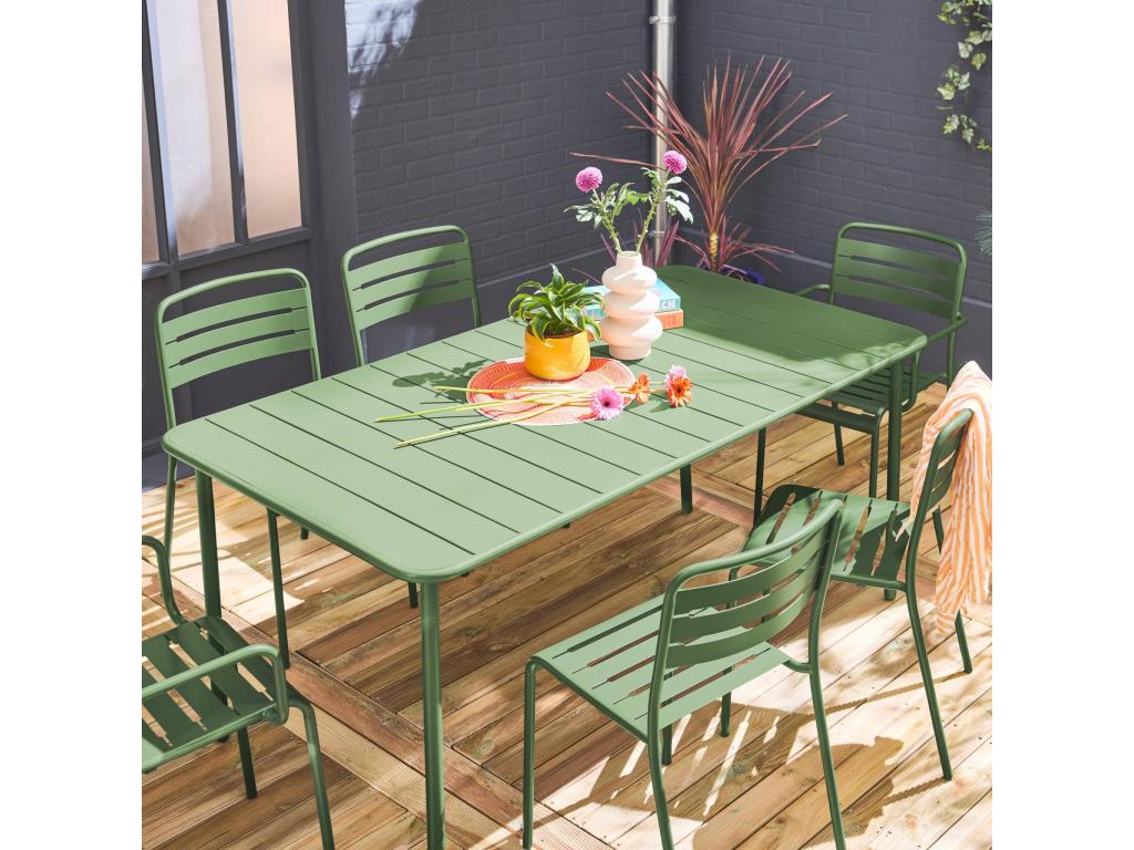 Table de jardin métal 2 fauteuils et 4 chaises- vert- acier traitement anti rouille