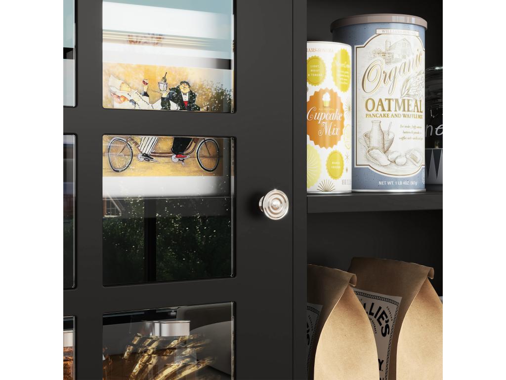 Armoire de cuisine multi-rangements 3 portes vitrine verre avec étagère 2 niches grand plateau MDF noir chêne