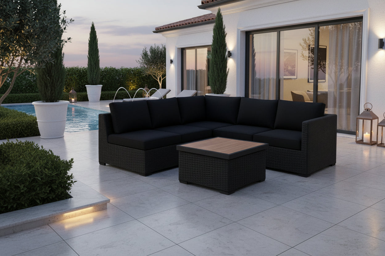 Ensemble Canapé Modulaire d'Angle en Résine Tressée et Coussins Noirs, avec coussins