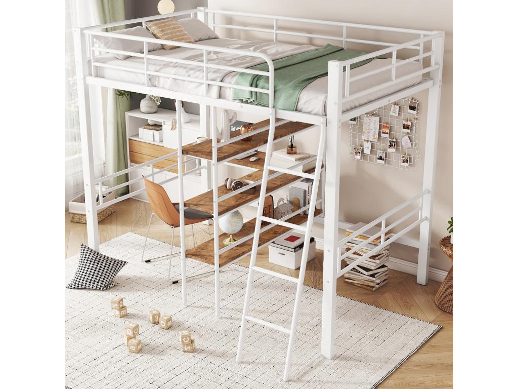 Lit mezzanine 90*200cm - avec bureau et étagères de rangement - Blanc