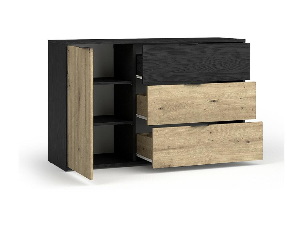 Commode Boivana - 3 Tiroirs et 1 Porte - 139x80x35 cm - Noir graphite et chêne clair