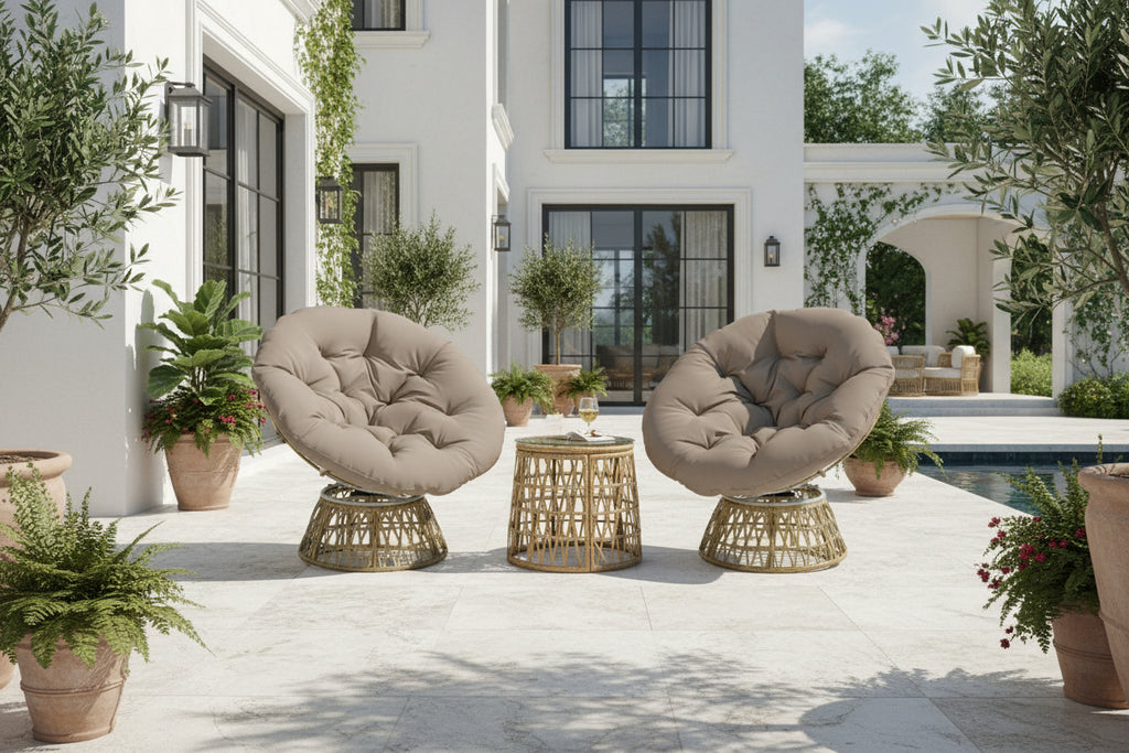 Ensemble salon de jardin 3 pièces - 2 fauteuils papasan table basse - coussins Decovivante - résine tressée aspect rotin