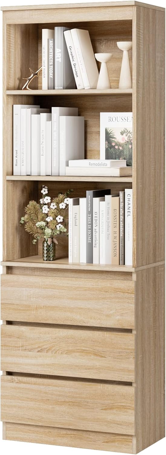 FirFurd Bibliothèque Haute Meuble de Rangement en Bois Armoire d'affichage Autoportante avec 3 étagères 3 Tiroirs pour Salon Bureau 60x35x180cm Blanc