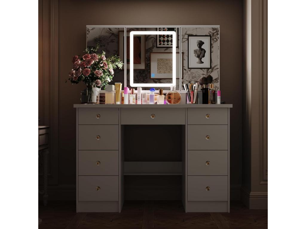 Coiffeuse avec éclairage LED et miroir rectangulaire surdimensionné 50x110x137cm Blanc