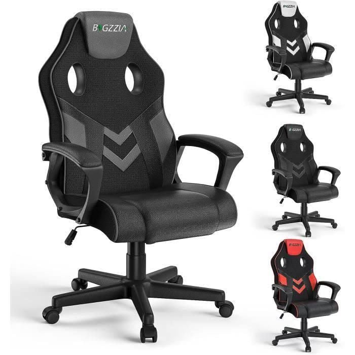 Fauteuil de bureau ergonomique | Chaise gaming en Cuir Pu &amp; Maille Respirante| avec Appui tête | Hauteur réglable | Gris BIGZZIA