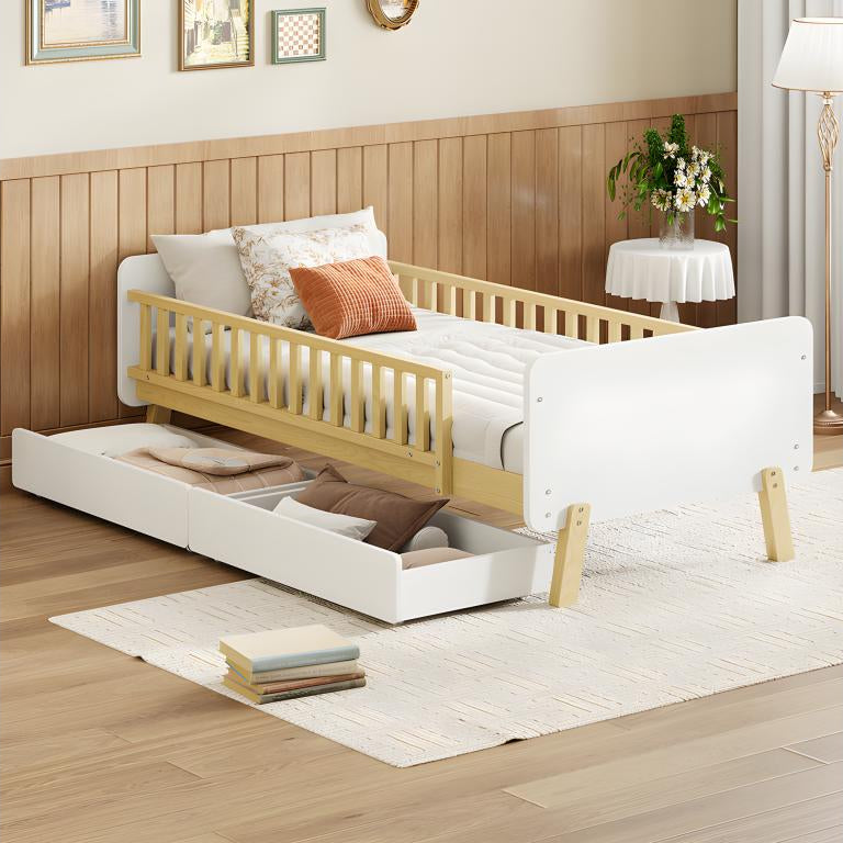 Lit enfant 90x190cm avec 2 tiroirs - lit simple en bois massif avec sommier à lattes - Blanc