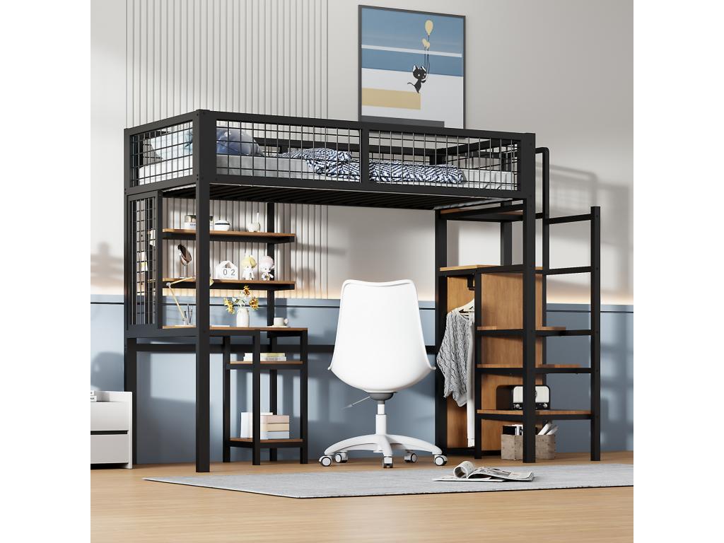 Lit mezzanine 90x200cm lit enfant en fer avec échelle de sécurité table d'ordinateur étagère de rangement treillis métallique noir