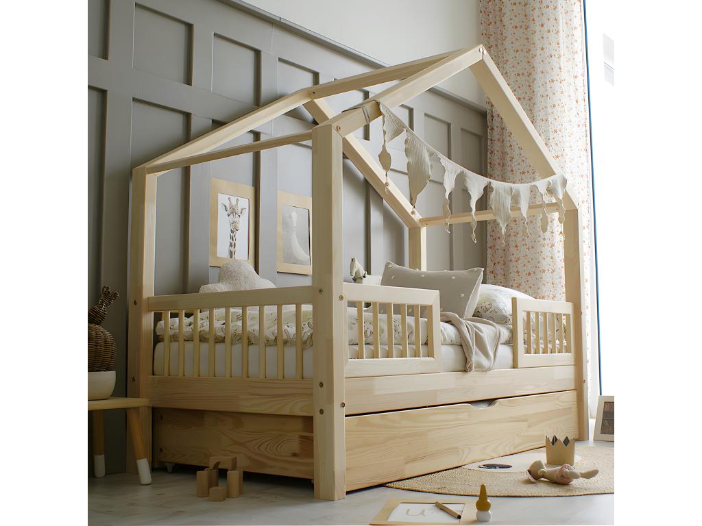 Lit cabane 90x190 barrières sommier et tiroir inclus Mobiliazen Bois