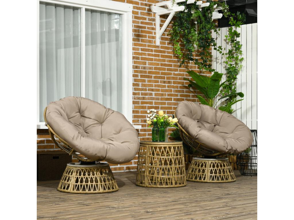 Ensemble salon de jardin 3 pièces - 2 fauteuils papasan table basse - coussins Decovivante - résine tressée aspect rotin