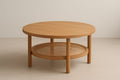 Table basse ronde en bois avec étagère en rotin