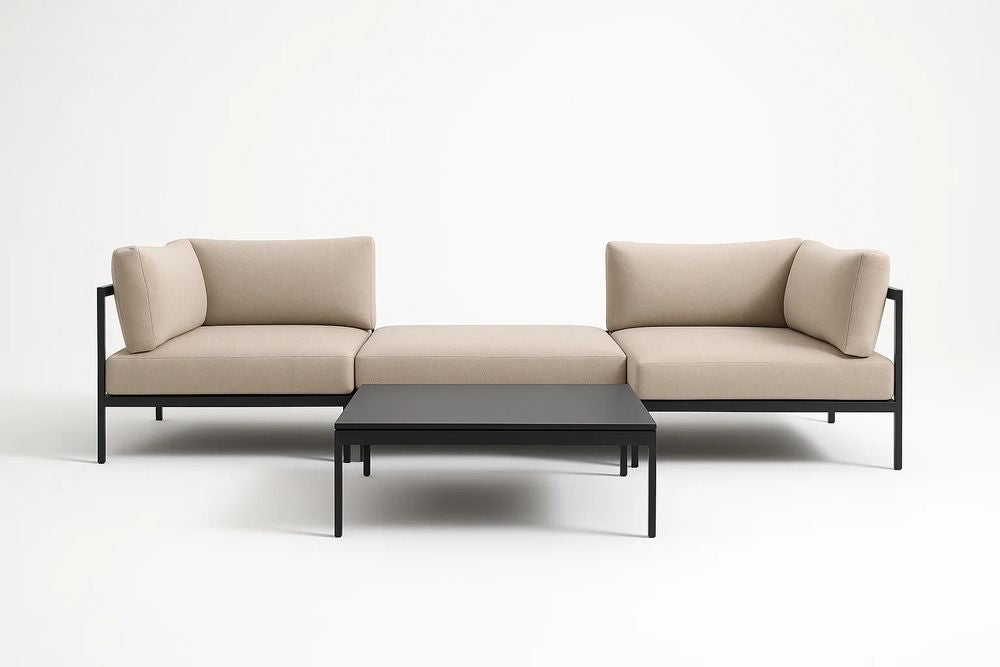 Canapé d'angle en métal avec table basse et coussins en polyester Beige/Noir