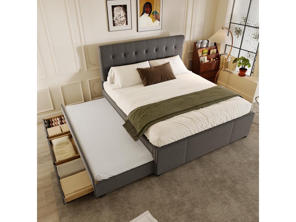 Lit rembbourré 140x200cm avec lit gigogne 90x190cm - en tissu lin - avec 3 tiroirs et sommier à Decoessentielle - Gris
