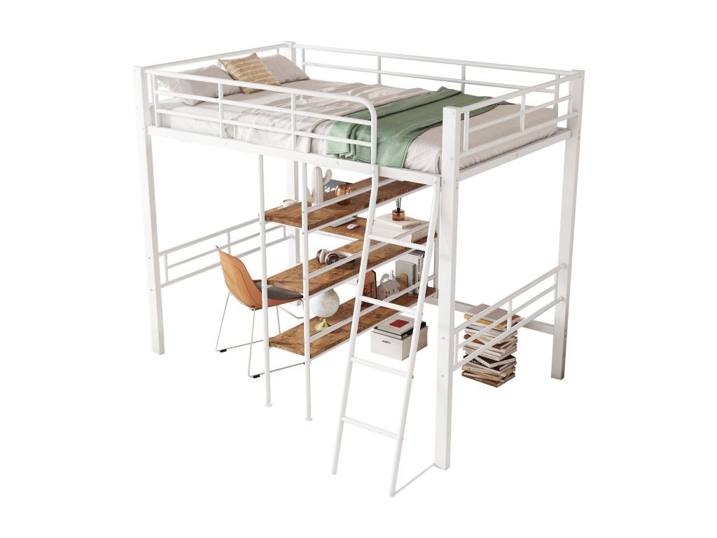 Lit mezzanine 90*200cm - avec bureau et étagères de rangement - Blanc