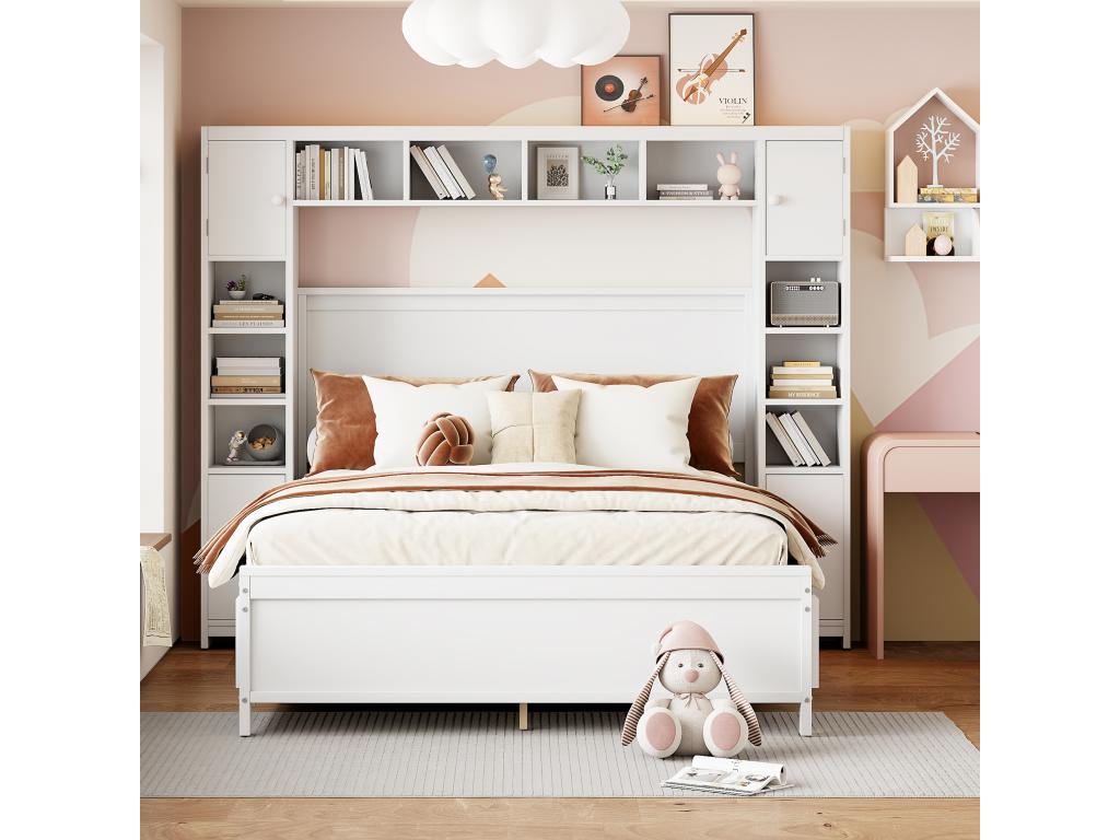 Lit 140 x 200 cm avec 4 tiroirs et rangement - Bois massif - Décor blanc - Decoepure