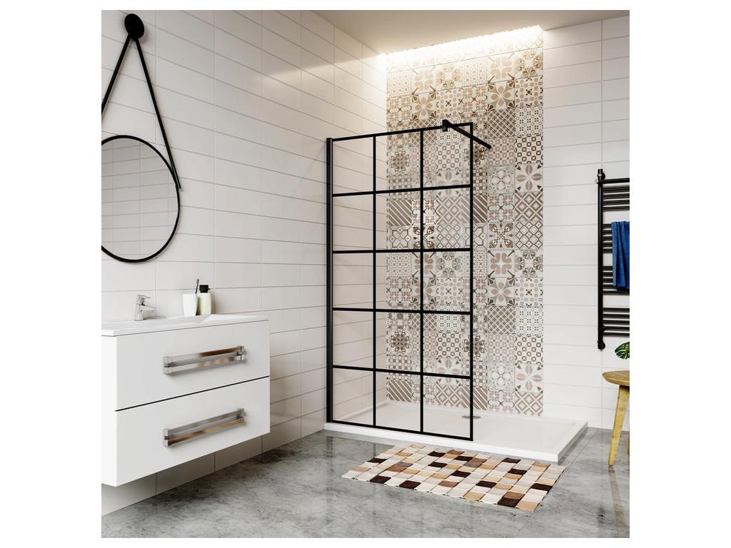 Paroi de douche fixe à l'italienne 80x200cm avec barre de fixation 90cm en carré - Noir - 8mm verre coloré et anticalcaire