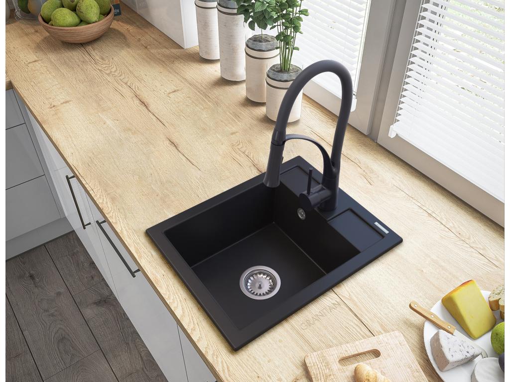 ÉVIER EN GRANIT NOIR + SIPHON SAMOS CHROME