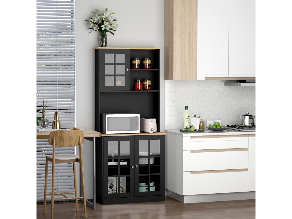 Armoire de cuisine multi-rangements 3 portes vitrine verre avec étagère 2 niches grand plateau MDF noir chêne