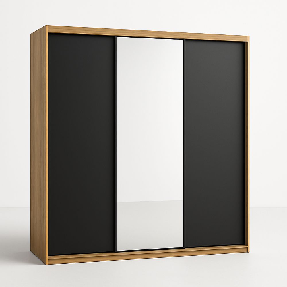 Armoire Noir et Chêne avec Portes Coulissantes et Miroir