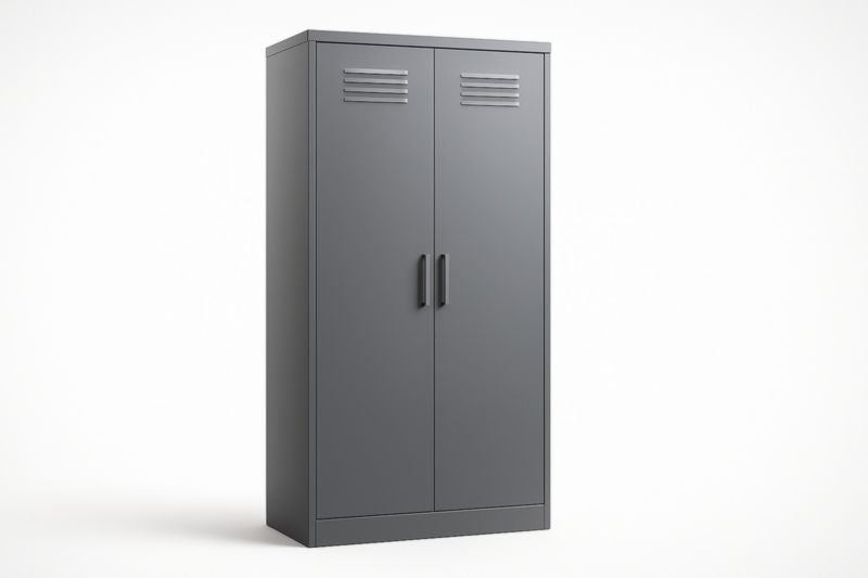 Armoire métallique à deux portes avec poignées en acier gris