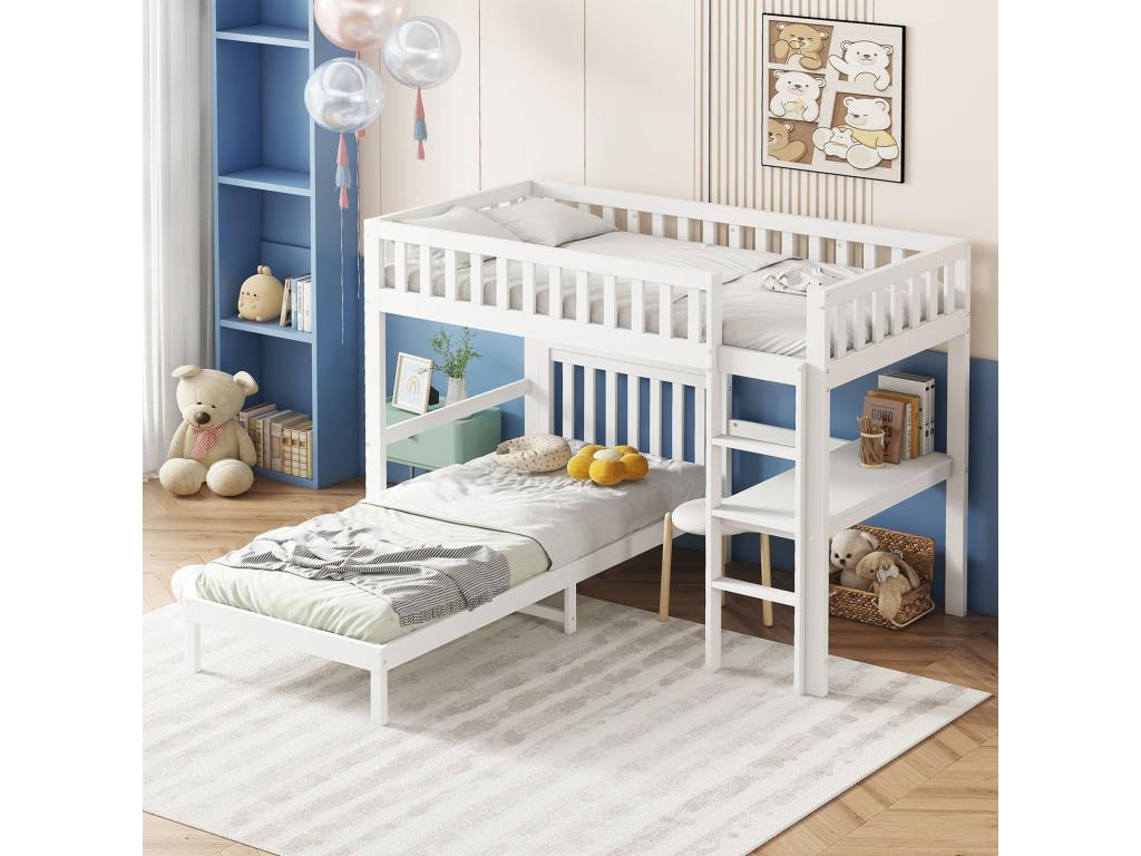 Lit superposé pour enfants avec échelle à trois marches, design de la barrière de sécurité, bureau, blanc, 90*200 cm