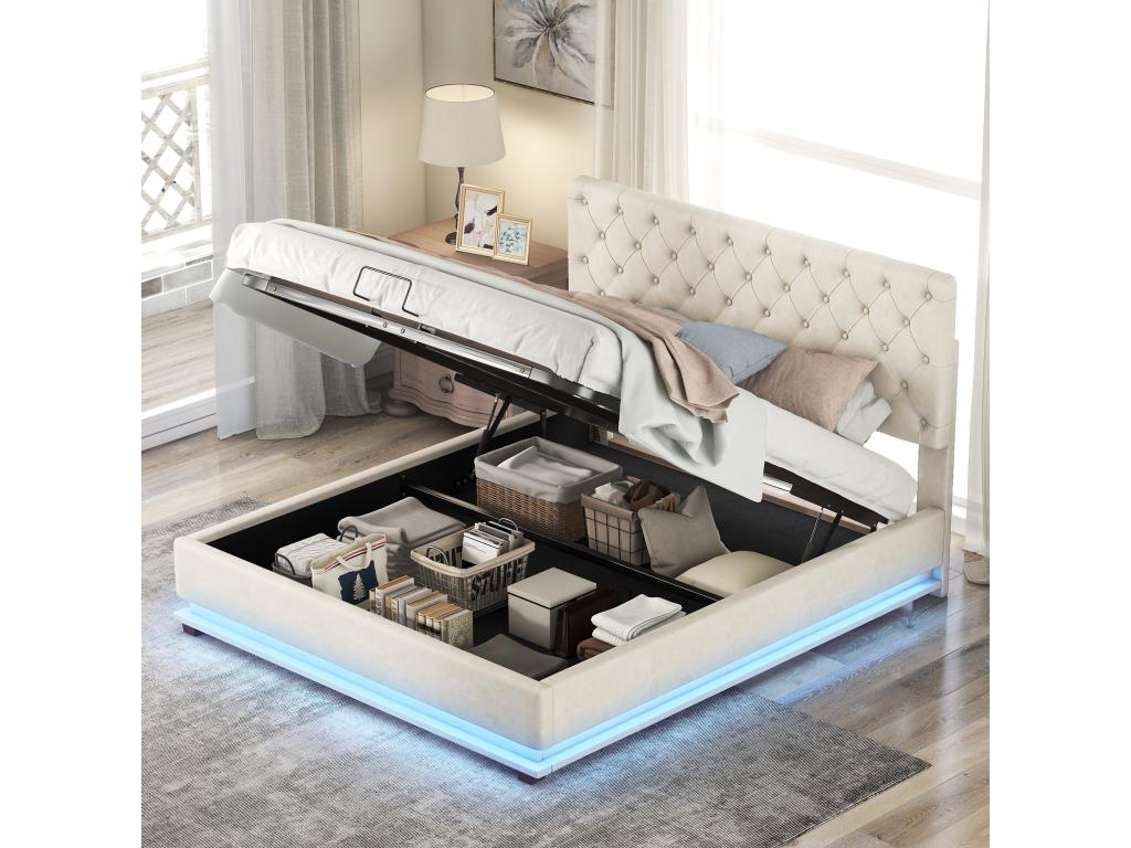 Lit Double Rembourré - 140x200 cm - Avec Led - Coffre De Lit Et Couvre-Sommier À Decoopale - Beige