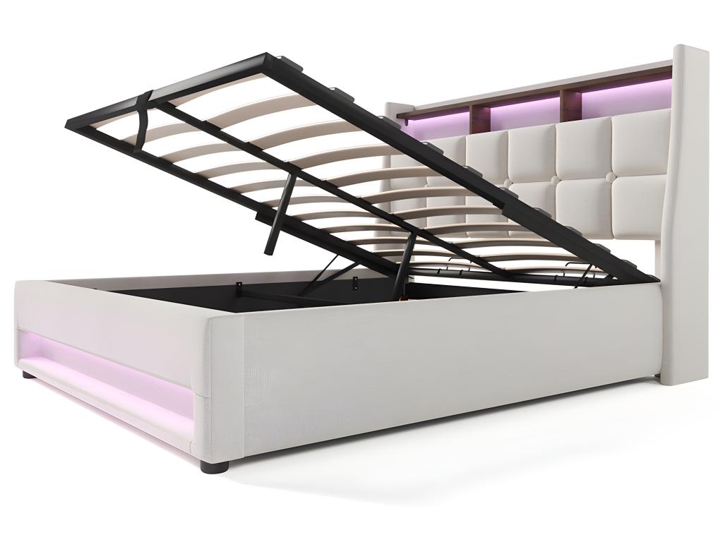 Lit coffre avec chargeur USB et LED - 140x200 cm - Beige - Decoessentielle