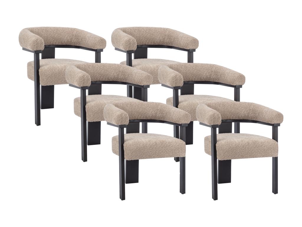 Lot de 6 chaises avec accoudoirs en tissu bouclette et bois d'hévéa - Taupe et noir - Decoepure