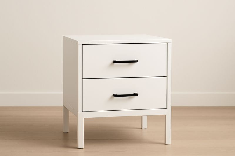 Table de Chevet Blanc 2 Tiroirs en Bois et Métal