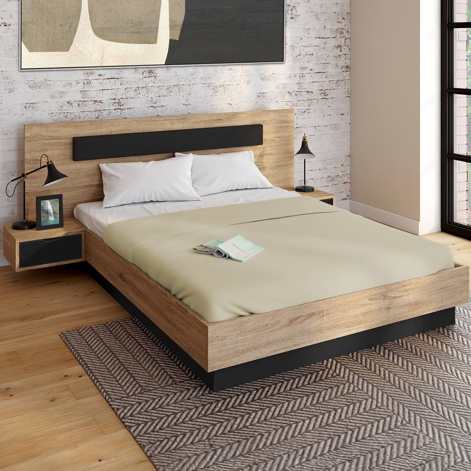 idmarket Lit double Santa avec tête de Lit + tables de chevet intégrées et sommier 160 x 200 cm bois et noir