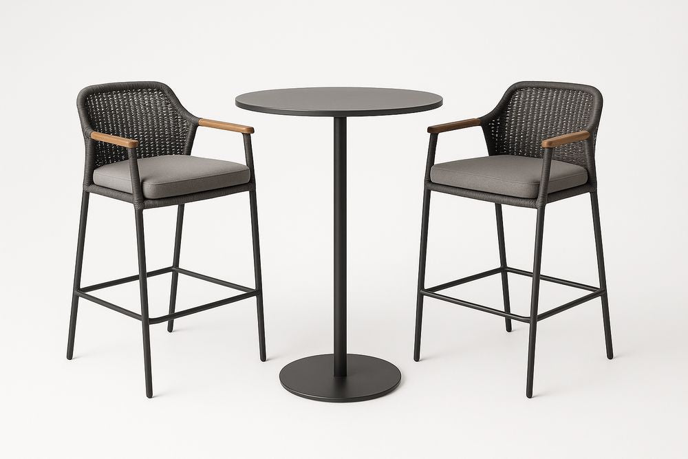 Ensemble table haute en métal noir et chaises en polyéthylène tressé gris