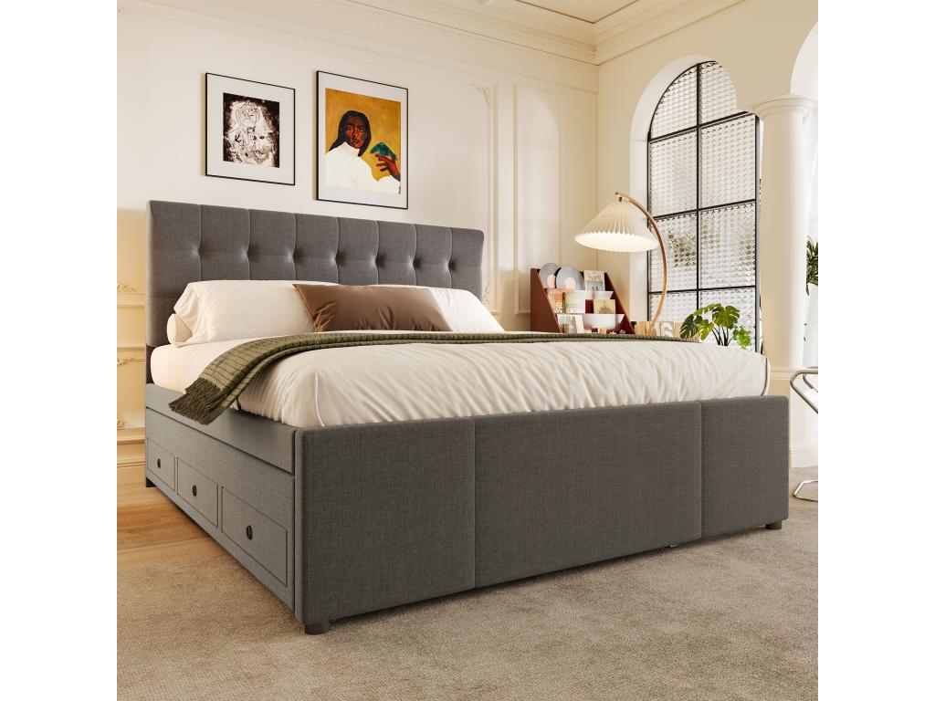 Lit rembbourré 140x200cm avec lit gigogne 90x190cm - en tissu lin - avec 3 tiroirs et sommier à Decoessentielle - Gris
