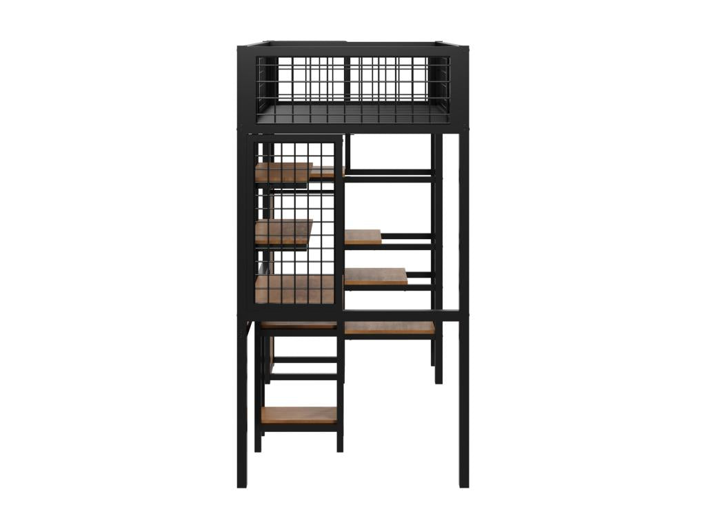 Lit mezzanine 90x200cm lit enfant en fer avec échelle de sécurité table d'ordinateur étagère de rangement treillis métallique noir