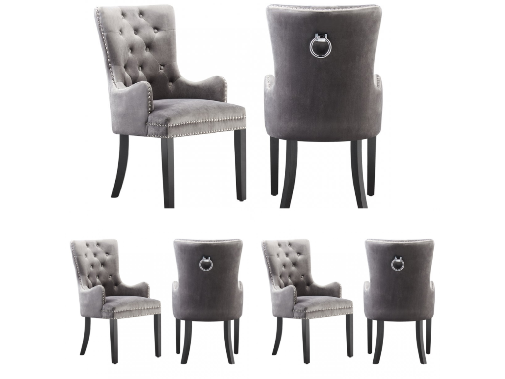 Parfaitemeuble - Lot de 6 Chaises Capitonnées en Velours - Avec Accoudoirs - Pieds en Bois - Gris Foncé