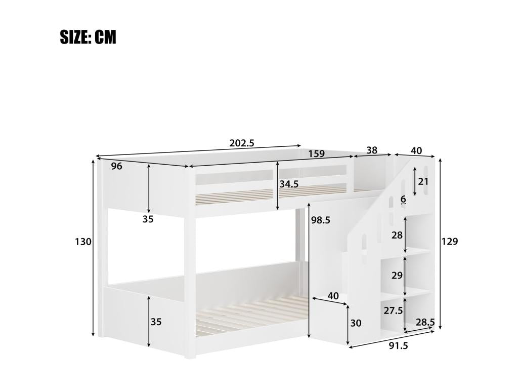 Lits superposés 2x90x200 cm - escalier avec accoudoirs et étagères de rangement - bois massif - blanc