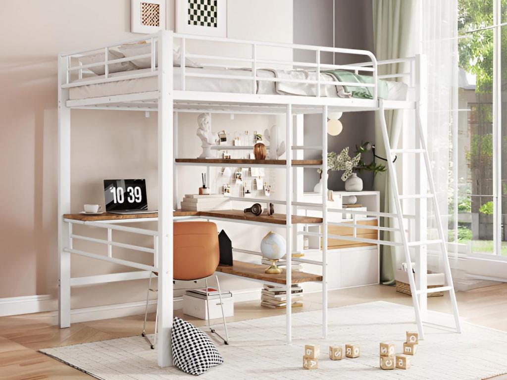 Lit mezzanine 90*200cm - avec bureau et étagères de rangement - Blanc