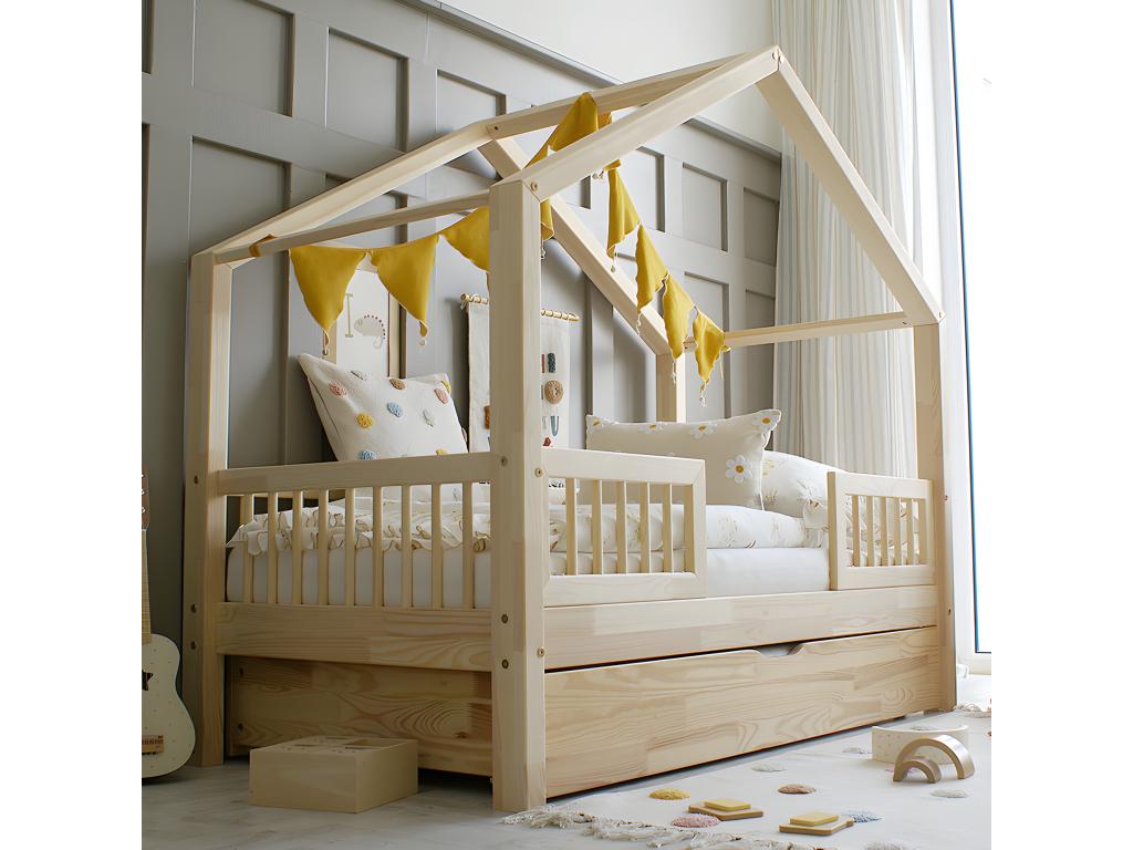 Lit cabane 90x190 barrières sommier et tiroir inclus Mobiliazen Bois