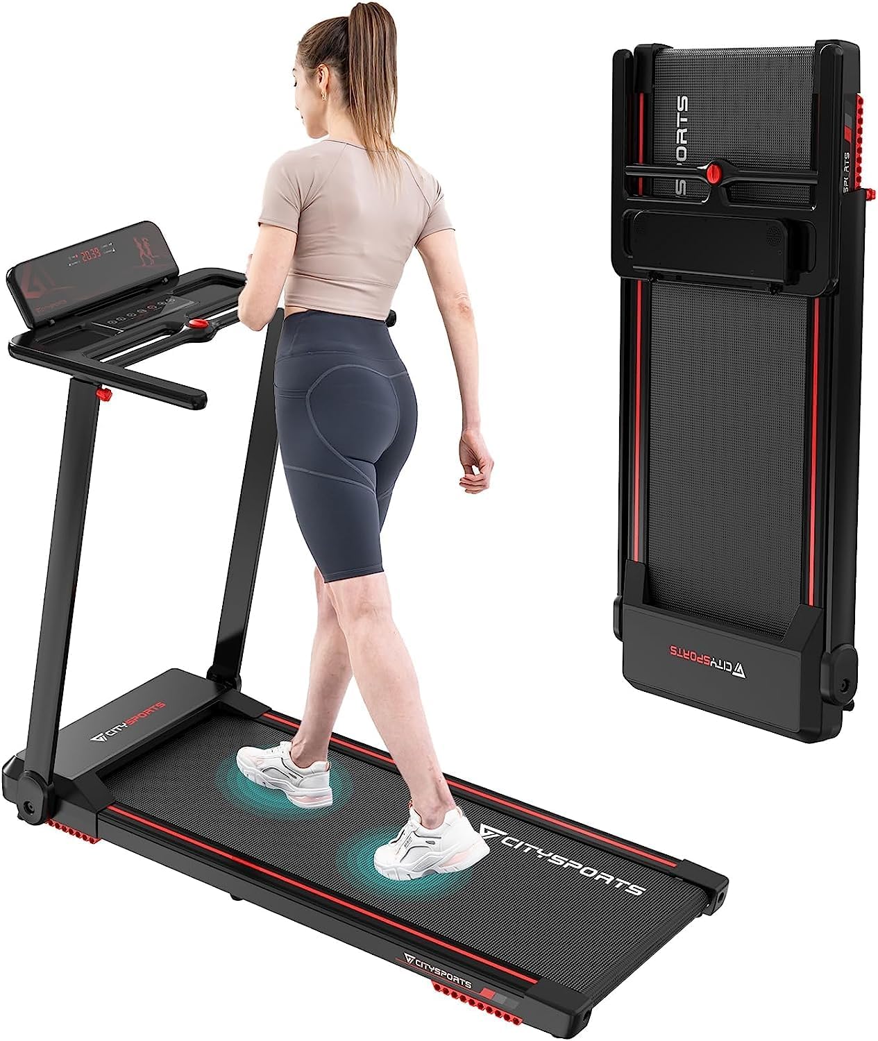 CITYSPORTS Tapis de Course,Tapis Roulant Pliable 12 km/h,avec Affichage LED,APP et 360° Tablet Holder,Walking Pad Compact pour la Maison et Le Bureau(Noir&amp;Rouge)