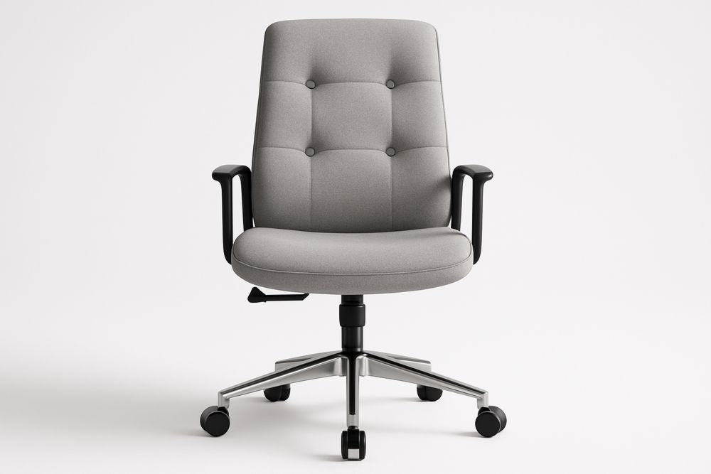 Chaise de bureau en tissu polyester gris avec accoudoirs et base en acier