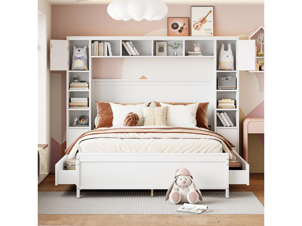 Lit 140 x 200 cm avec 4 tiroirs et rangement - Bois massif - Décor blanc - Decoepure