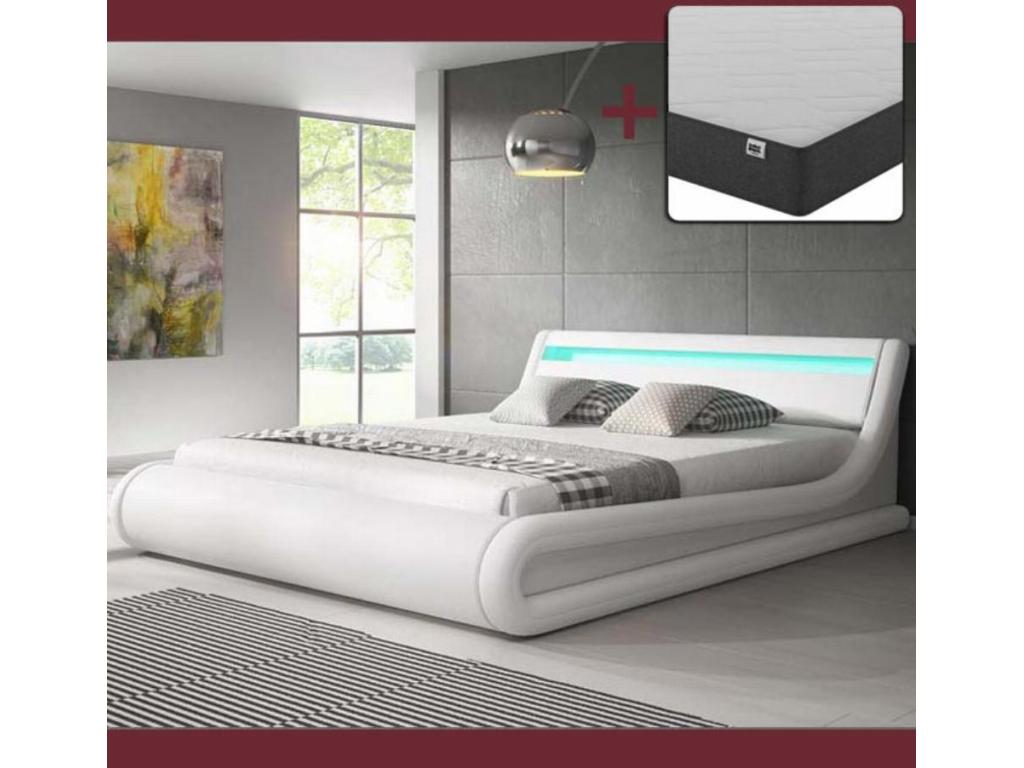 Lit double avec Coffre et Matelas 140*190cm en Blanc avec LED Parisina