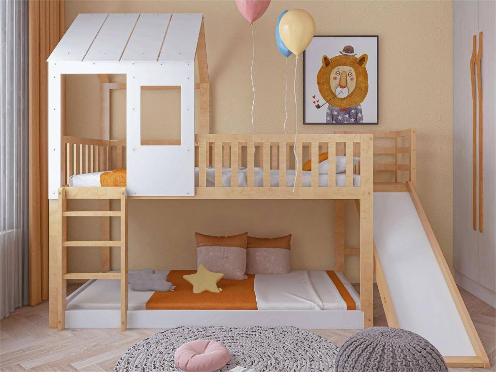 ModernLuxe Litera 90x200 cm de madera maciza - avec escalera y tobogán - Sommers de láminas - Naturel