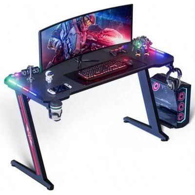Wevalley bureau Gaming LED, 140 x 60cm grande bureau Gamer avec un plateau en fibre de carbone, Noir