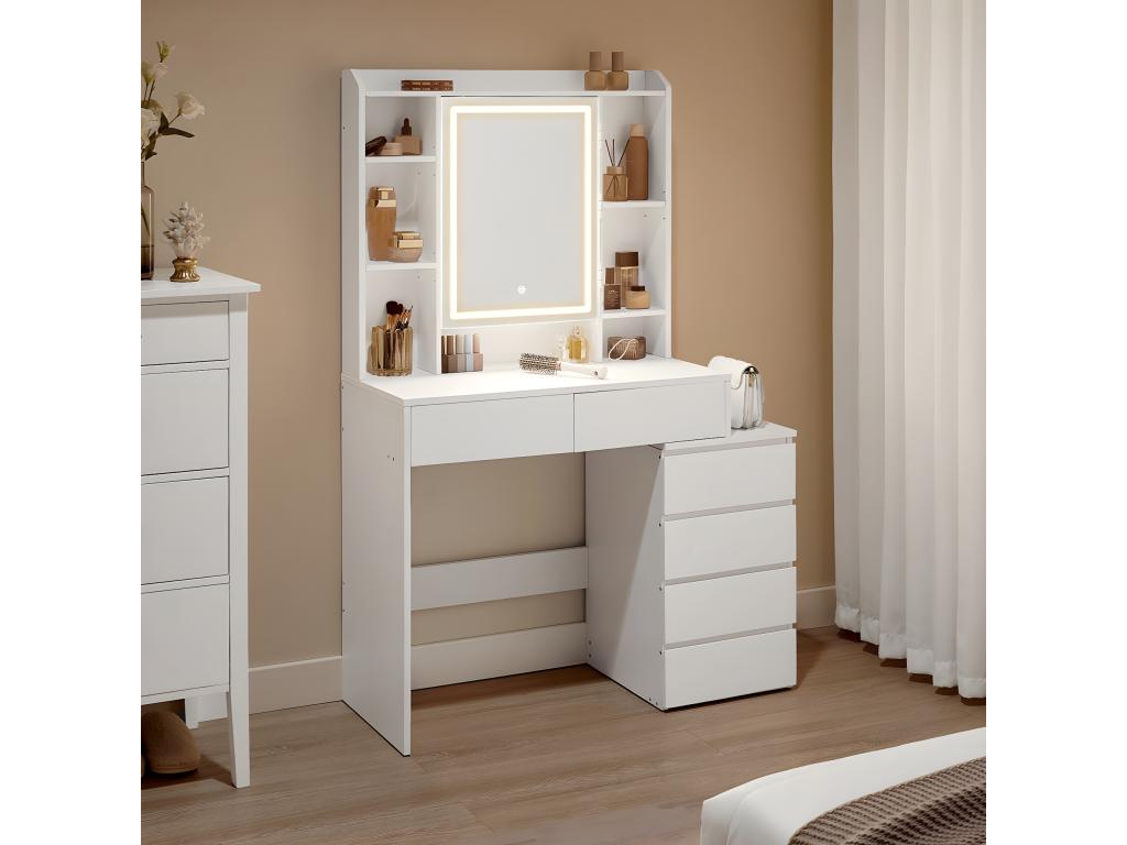 Coiffeuse 6 tiroirs 7 niches et 1 miroir blanc - L97,5 cm