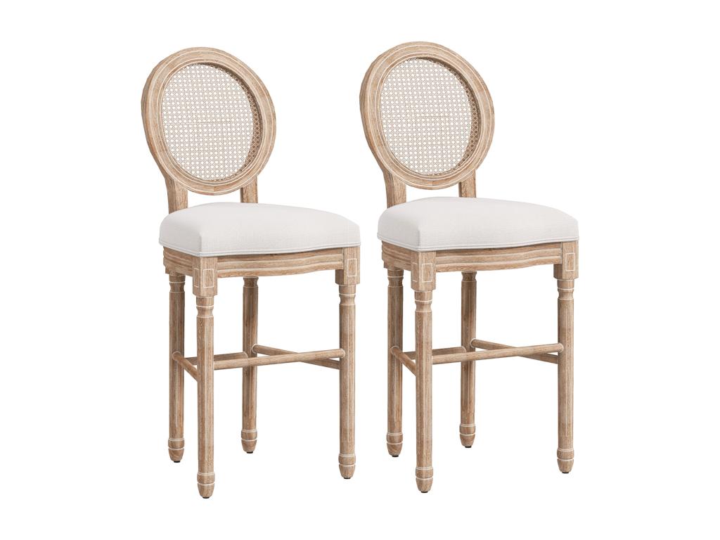Lot de 2 chaises de bar tabourets de bar médaillon style Decoessentielle XVI bois sculpté patiné tissu crème