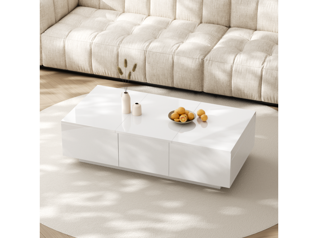 Table basse coulissante avec 2 tiroirs -100 L x 50 lx 31 H cm - effet en haute brillance - Panneaux de particules - Blanc